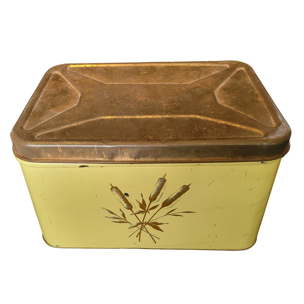 Vtg 1940s Yellow Metal Bread Box Copper Lid Decoware Cattail Tin Mid Century MCM